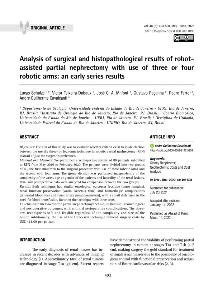Analysis of surgical and histopathological results of robot-assisted partial nephrectomy with use of three or four robotic arms: an early series results